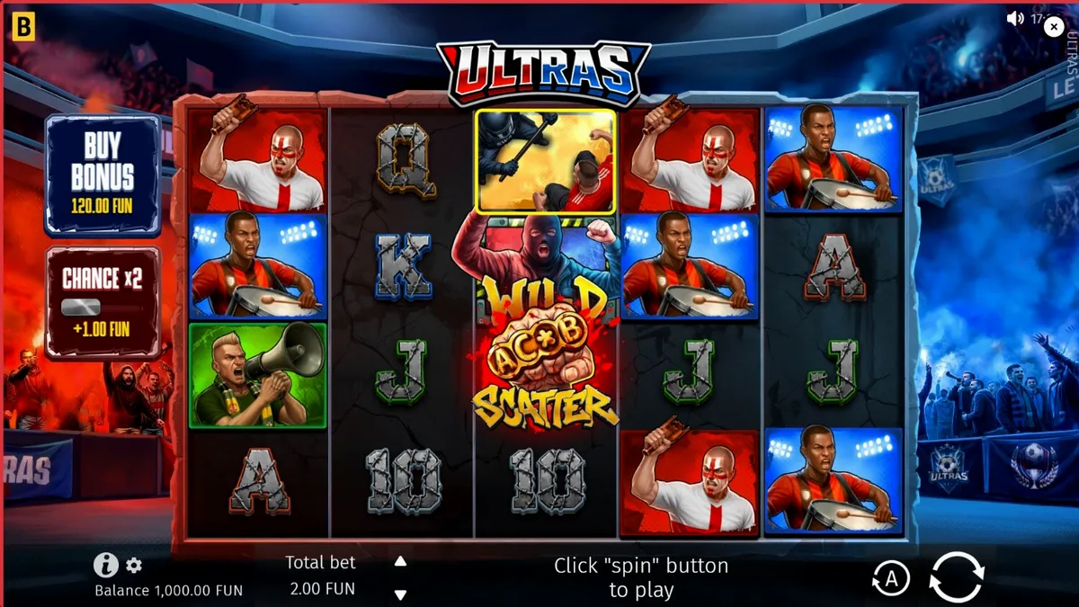 Tampilan visual slot Ultras dengan tema suporter sepak bola yang intens