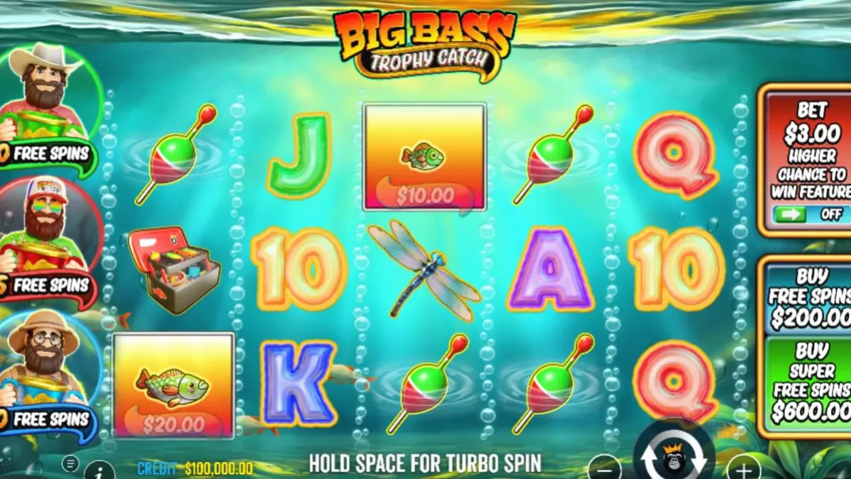 Tampilan visual slot Big Bass Trophy Catch yang menampilkan simbol memancing di bawah air