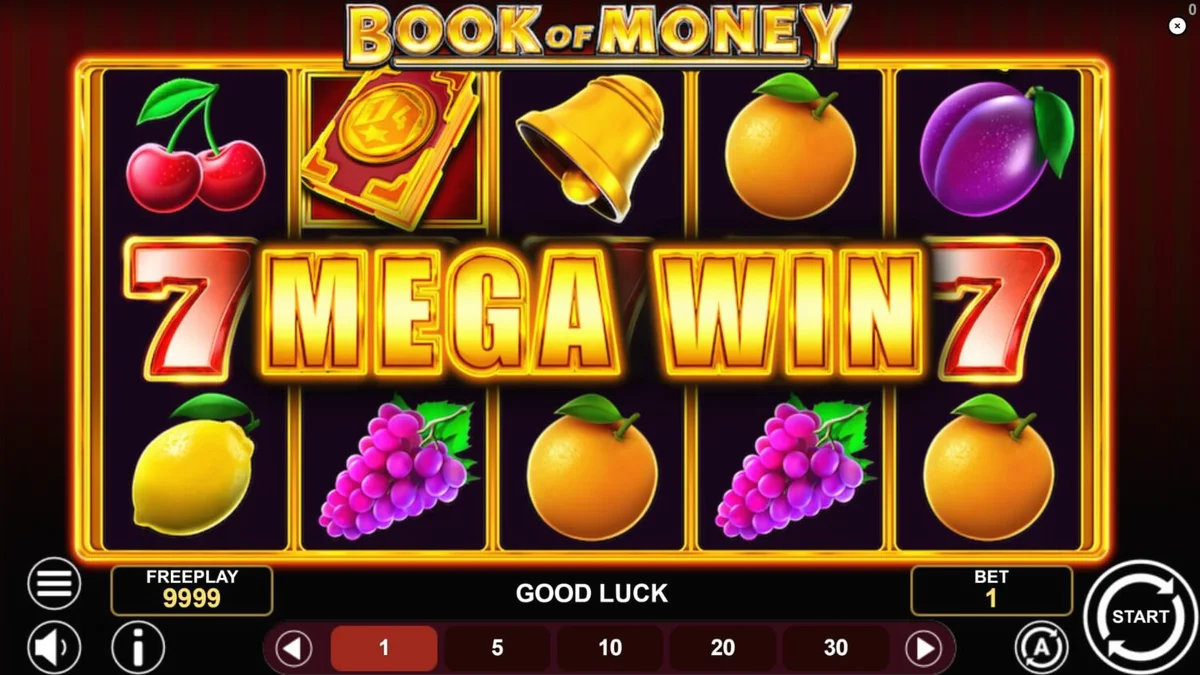 Tampilan visual slot Book of Money dengan simbol buah dan buku emas