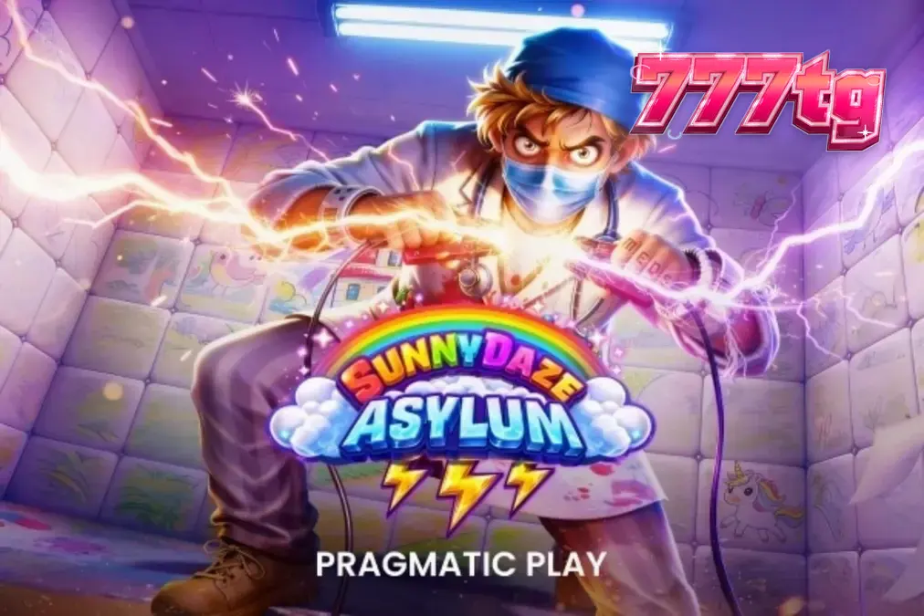 Tampilan visual slot Sunnydaze Asylum dengan tema neon dan rumah sakit jiwa
